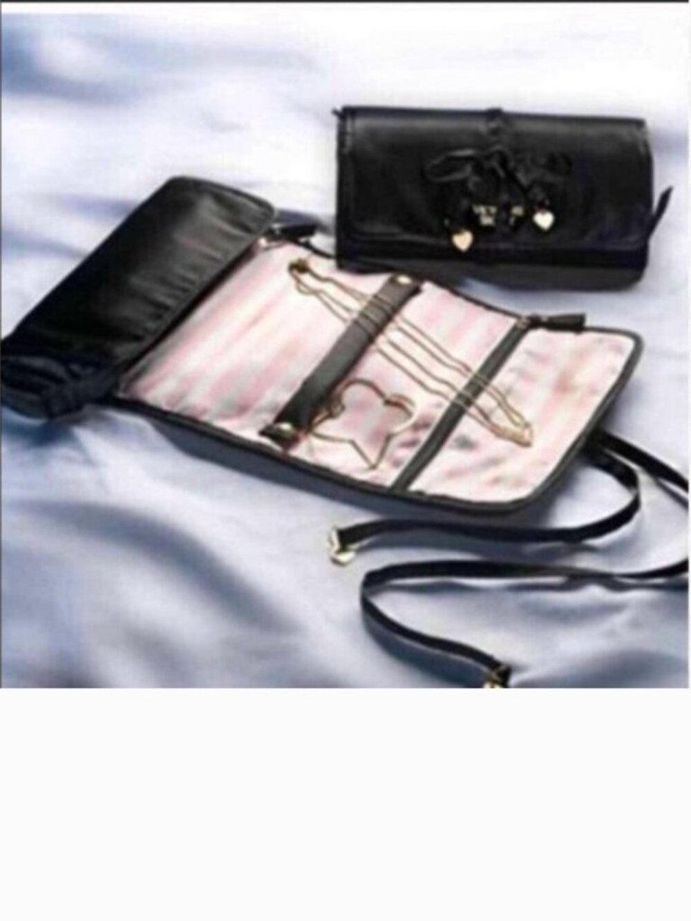 New Victoria's Secret Jewelry Roll Travel Storage Case Black Pink Stripe